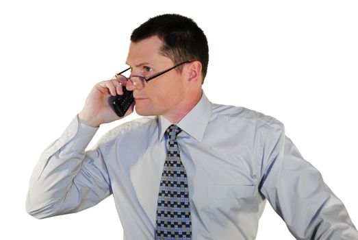 portrait of man in glasses with a cell phone
