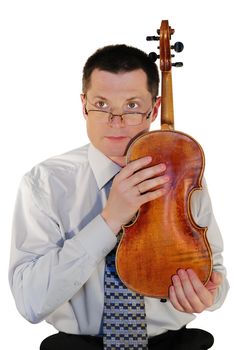  man with a age-old violin, isolated on a white background