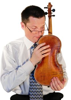  man with a age-old violin, isolated on a white background