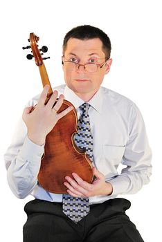  man with a age-old violin, isolated on a white background