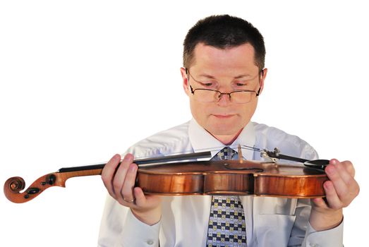  man with a age-old violin, isolated on a white background