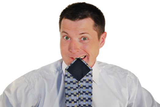 portrait of man  bites the neck tie