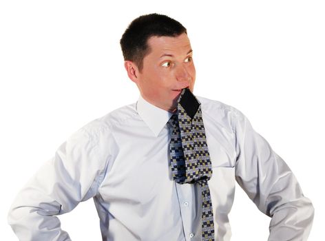 portrait of man  bites the neck tie