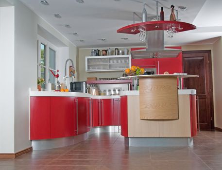 Shot of beautiful red modern kitchen, interior