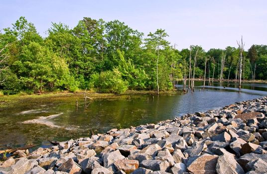 A reservoir in a pretty setting with rocks and trees