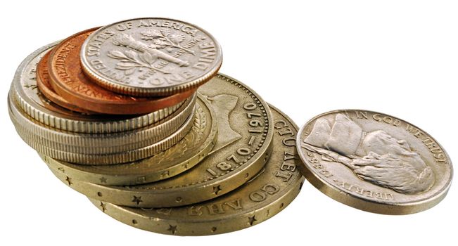 Coins tower on white background