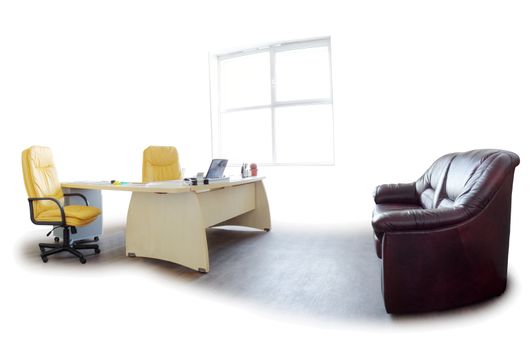 Chief room interior. Two leather armchairs and couch, notebook, table and window. Isolated over white background