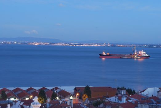 beautiful view of a container ship during sunset