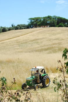 photo of a tractor harvesting on a wheat field