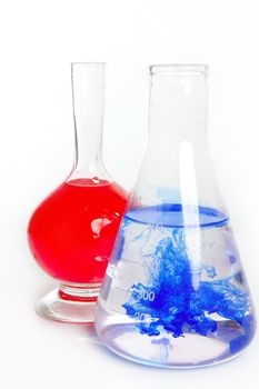 Chemist research laboratory with chemical colorful equipment over white