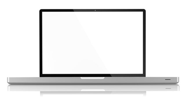 A view of an open, modern, 17 inch  laptop computer, isolated on a white background.