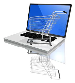 Shopping-cart over a white laptop isolated on white background with reflection