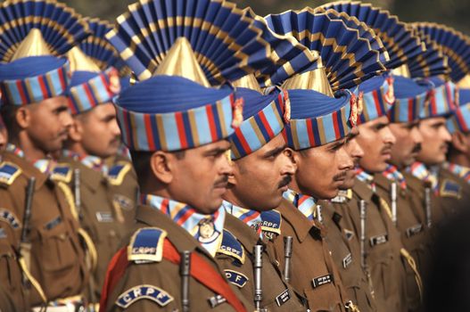 Soldiers in best dress uniform marching down the RajPath in preparation for the Republic Day Parade in Delhi, India