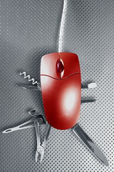 Red mouse metaphor pretendig to be a swiss multifunction knife