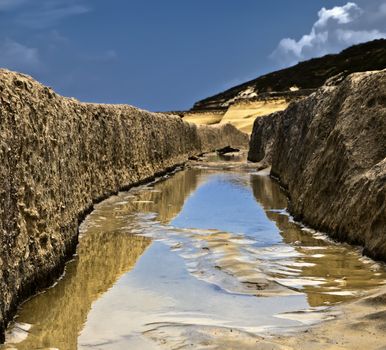 Image shot through rut carved in stone giving impression of a valley