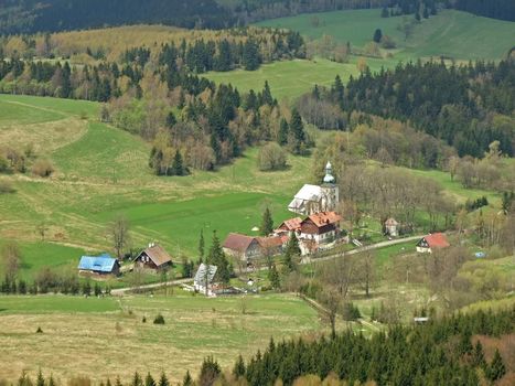 landscape with mountains, hills, forrest and small village