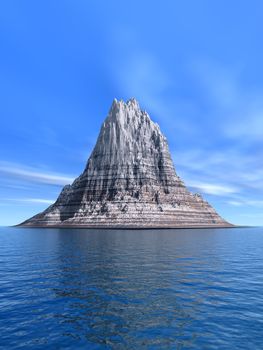 Mountain - island. A rock on a background of the cloudless sky and a sea smooth surface