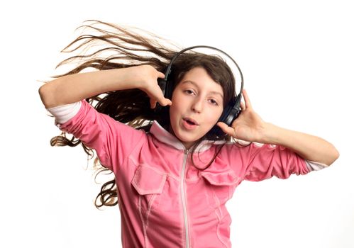 The girl listens to music