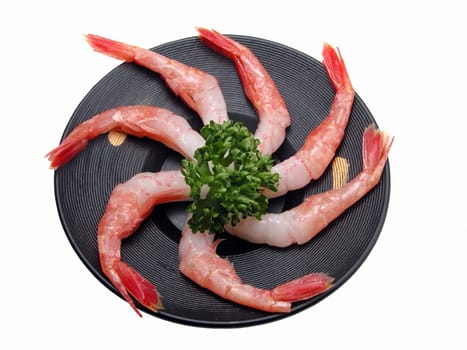  Shrimp on a wooden plate over white background with clipping path         