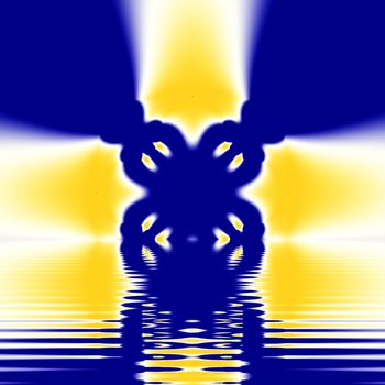 Blue and Yellow Abstract Fractal looks like a flag reflecting across a the waves of a body of water with geometic shapes and lines.