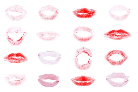red lips mark, different expressions over white background