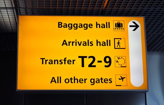 Airport sign: baggage, transfer and gates. Amsterdam Schiphol.