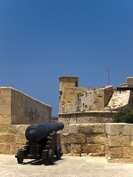 A cannon on one of the bastion curtains in the medieval Citadel in Gozo