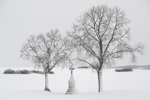 a calvary between two trees covered with snow