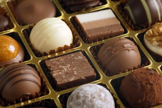 A small assortment of chocolate truffles and pralines in a box.  Very Shallow depth of field, focusing across the middle.
