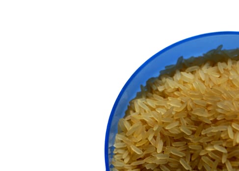 blue saucer with rice isolated against white background