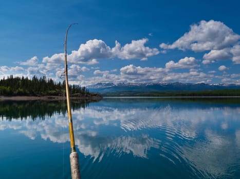 Fishing rod bends under weight of fish that just took lure in Lake Laberge, Yukon Territory, Canada