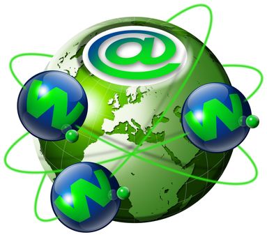 Illustration symbol www and internet with green terrestrial globe and 3 blue planets