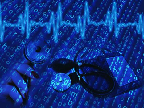creative medical theme paint with cardiogram and tool in blue