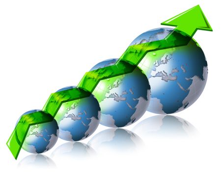 Diagram positive trend of the world market with 5 globes and green arrow