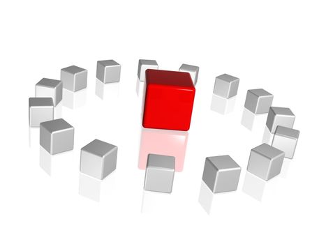 circle of 3d white-grey cubes with one red in the middle