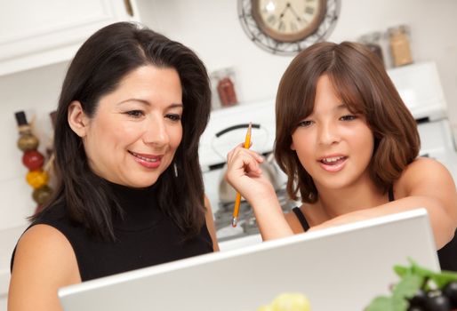 Attractive Hispanic Mother & Daughter in the Kitchen using the Laptop.