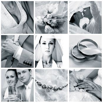 Collage of nine wedding photos in gentle - blue tone