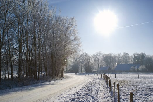 Rural scene in the snow on a sunny day.