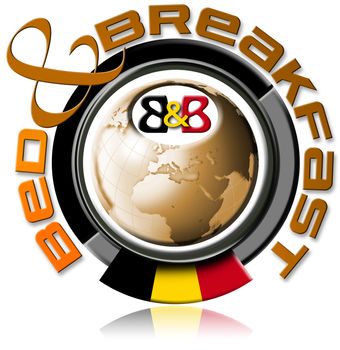 Illustration bed and breakfast with the globe, written bed & breakfast, Belgium flag