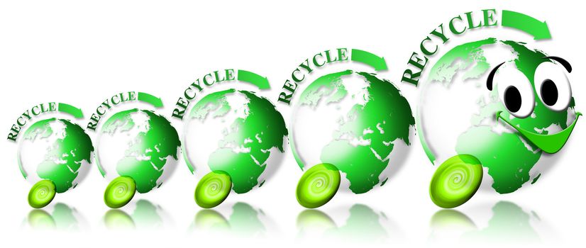 Locomotive and train consisting of 4 green globes with the word recycle and smiling face