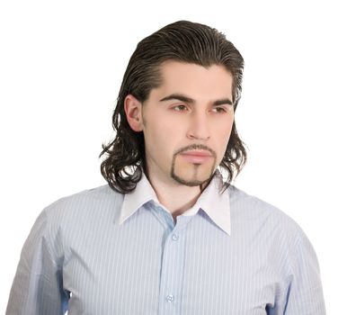 Young serious dark haired caucasian man in light blue striped shirt speculating about something isolated on white