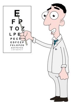 Isolated cartoon Optician character using a stick to point at an eye chart