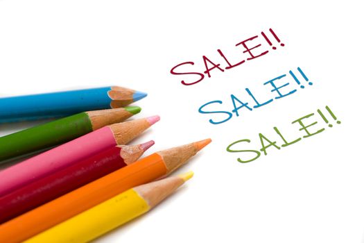 Set of color pencils with sale text, concept special deal