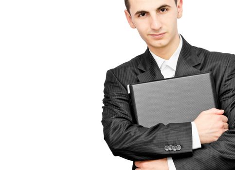 Young entrepreneur with laptop isolated on white background