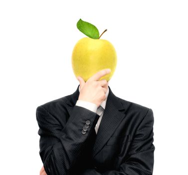 Young business man with apple instead of head