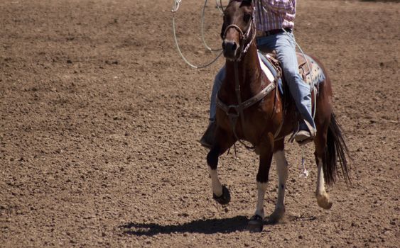 A cowbo on horse back in the middle of a dirt ranch or arena.