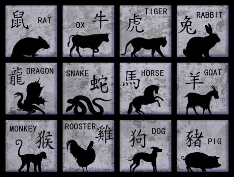 Twelve square buttons with Chinese zodiac animals and text