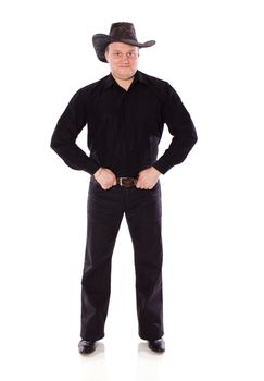 man wearing hat of cowboy standing isolated on white