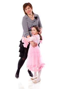 Mother with daughter standing together isolated on white