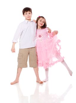 brother and sister posing together isolated on white